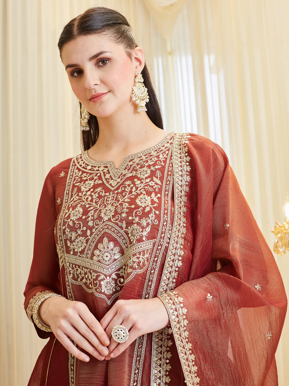 Maroon Silk Zari Embroidered Anarkali Palazzo With Dupatta Set For Women