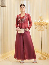 Berry Silk Embroidered Solid Top & Palazzo With Jacket Set For Women