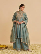 Blue Silk Embroidered Flared Kurta Palazzo Suit With Dupatta For Women