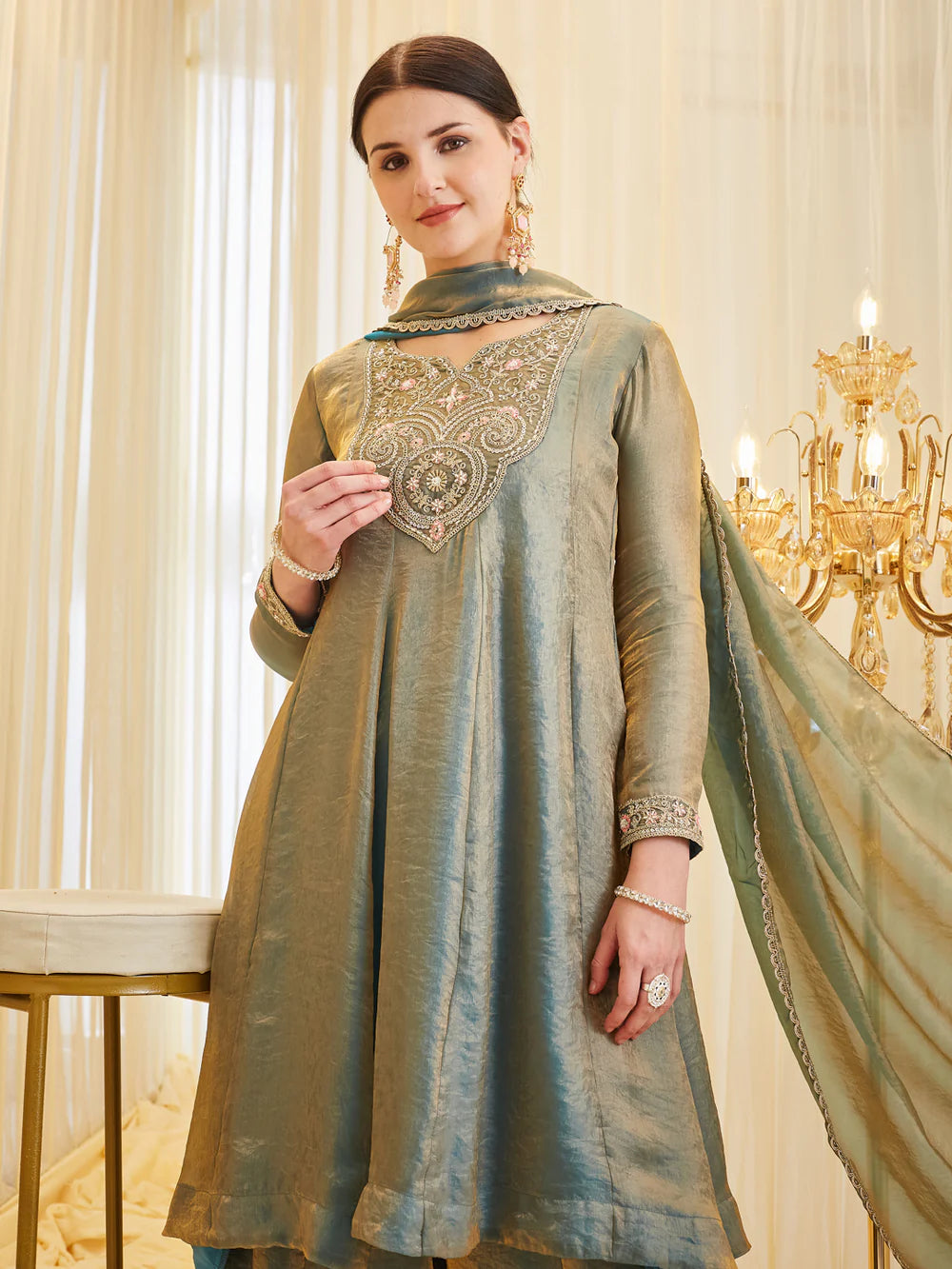 Blue Silk Embroidered Flared Kurta Palazzo Suit With Dupatta For Women