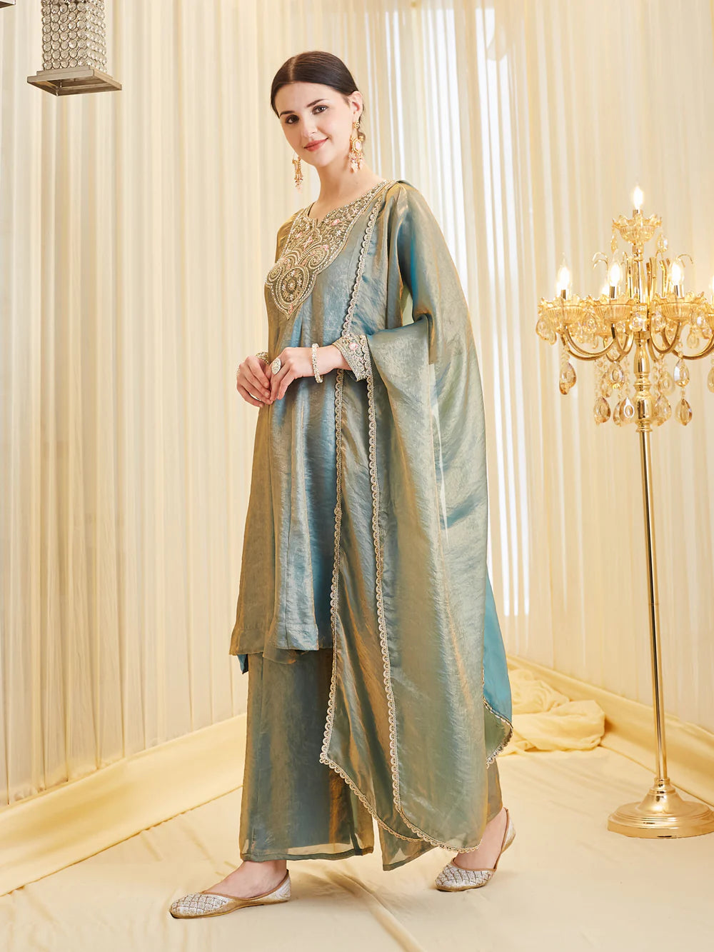 Blue Silk Embroidered Flared Kurta Palazzo Suit With Dupatta For Women