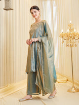 Blue Silk Embroidered Flared Kurta Palazzo Suit With Dupatta For Women