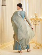 Blue Silk Embroidered Flared Kurta Palazzo Suit With Dupatta For Women