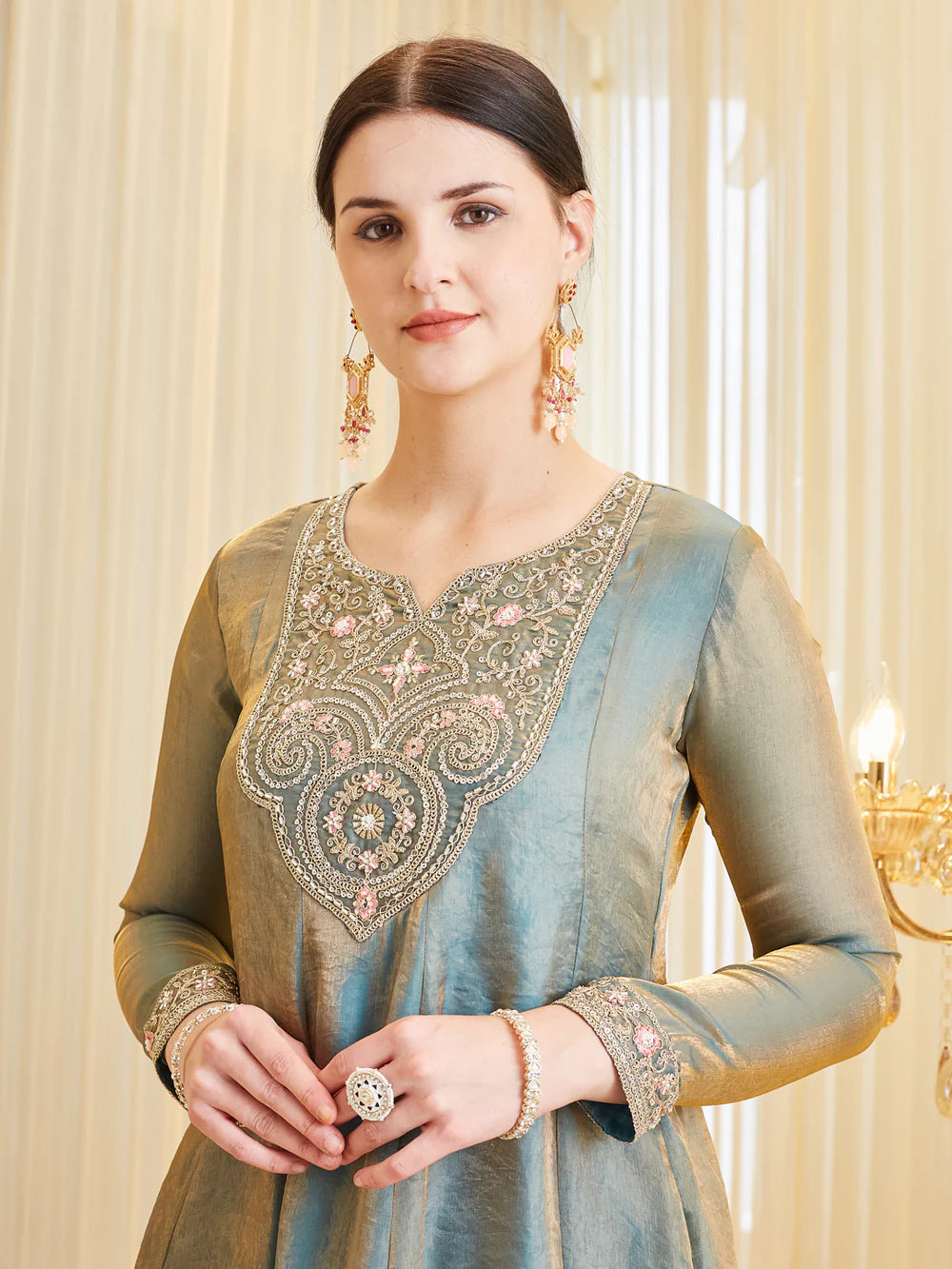 Blue Silk Embroidered Flared Kurta Palazzo Suit With Dupatta For Women