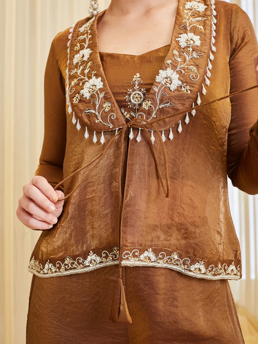 Brown Silk Zari Embroidered Floral Jacket Co-ords Set For Women