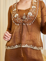 Brown Silk Zari Embroidered Floral Jacket Co-ords Set For Women