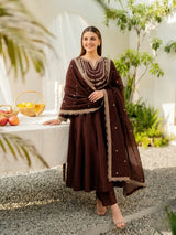 Brown Embroidered Silk Blend Anarkali Kurta With Dupatta Set