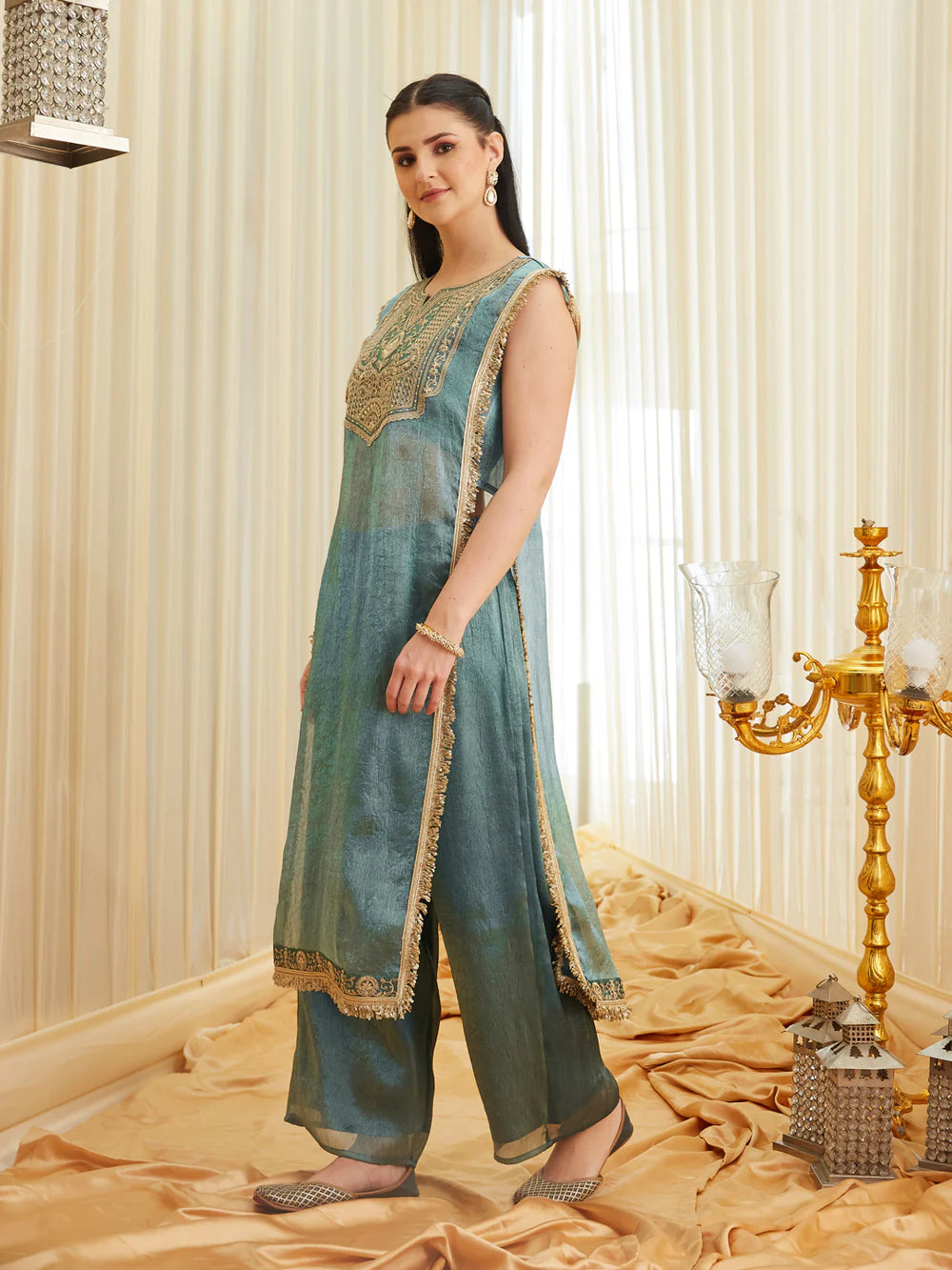 C-Green Embroidered Sheer Silk Kurta Set