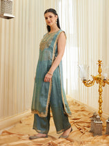 C-Green Embroidered Sheer Silk Kurta Set