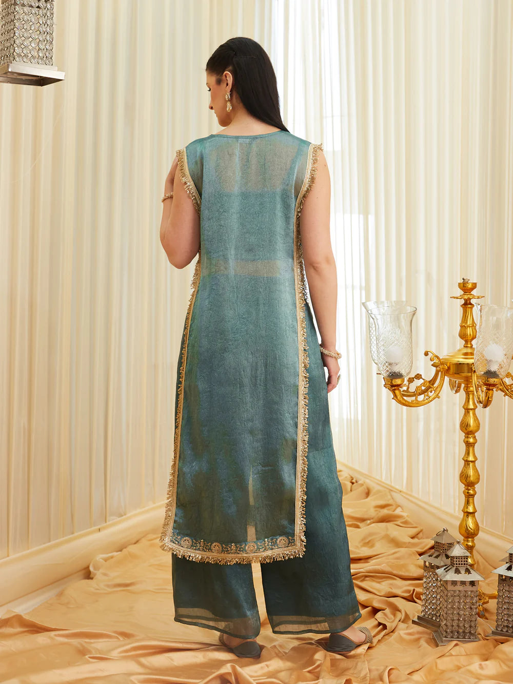 C-Green Embroidered Sheer Silk Kurta Set