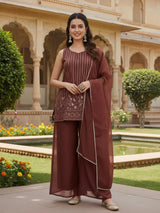 Coffee Silk Embroidered Palazzo Suit with Dupatta
