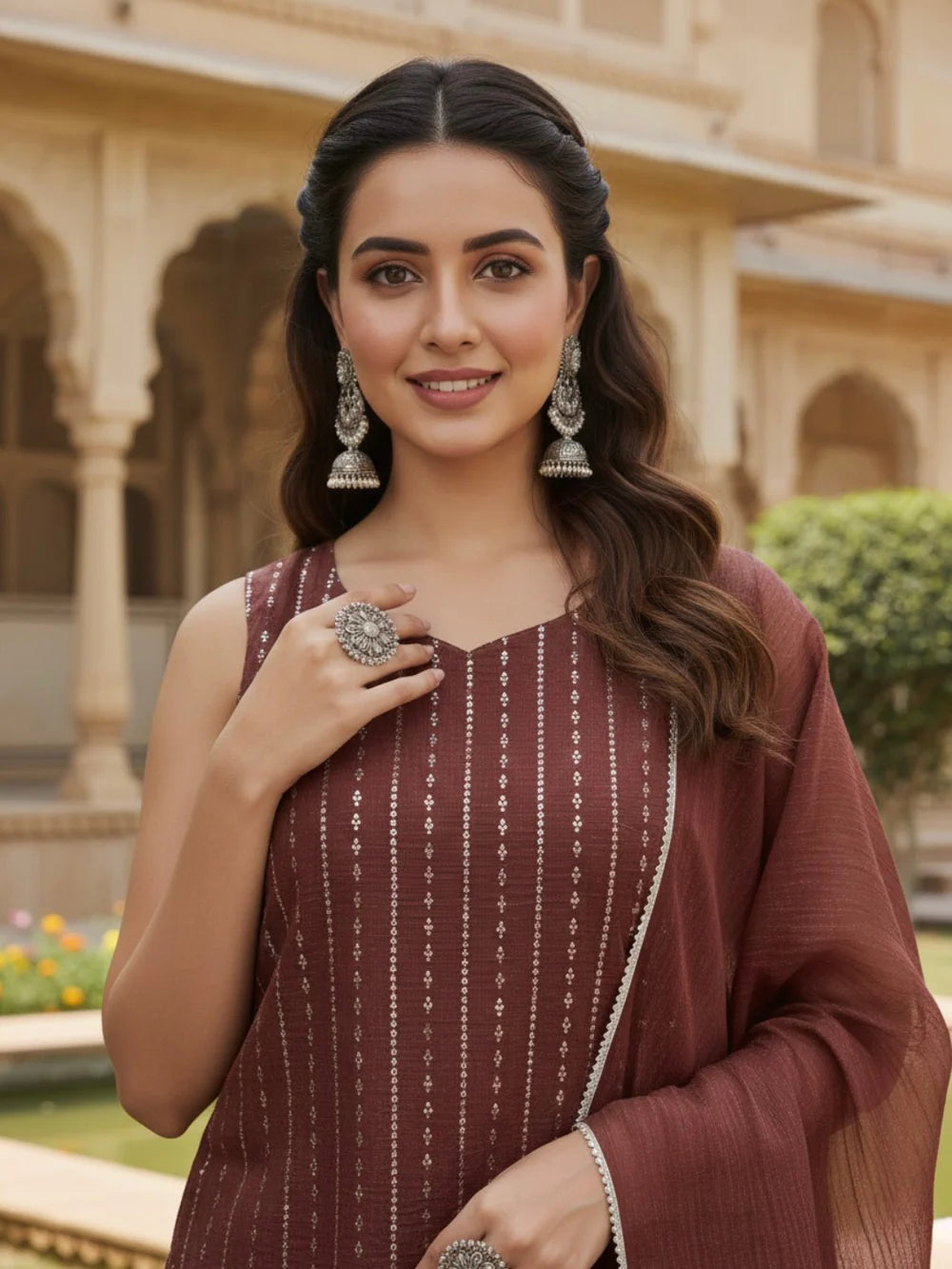 Coffee Silk Embroidered Palazzo Suit with Dupatta