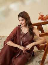 Coffee Silk Embroidered Palazzo Suit with Dupatta