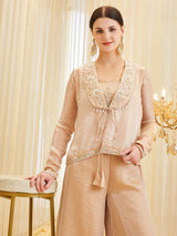 Cream Silk Embroidered Solid Indo Western Sharara Set For Women