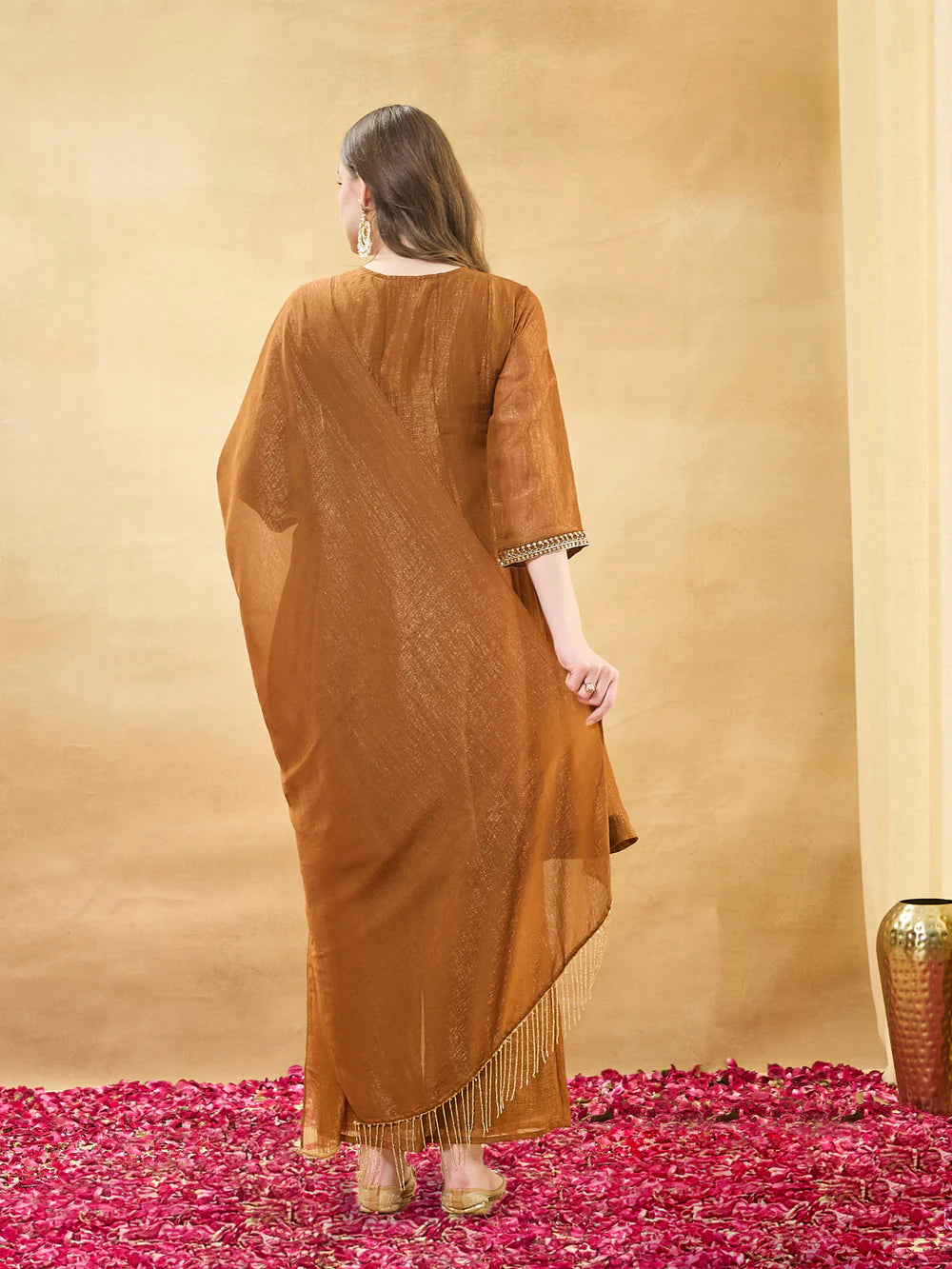 Golden Silk Anarkali Kurta Set with Pants & Dupatta For Women