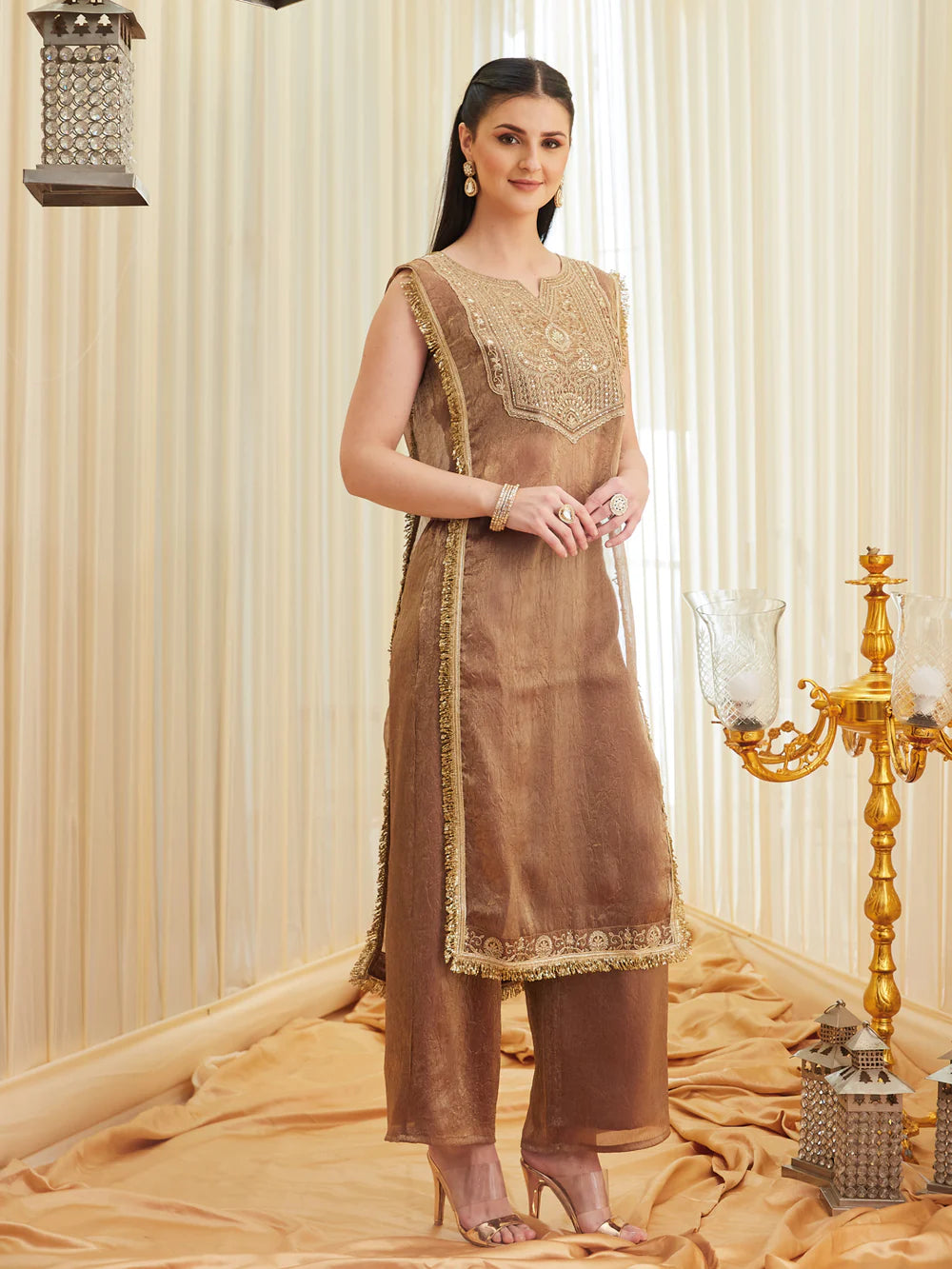 Golden Embroidered Sheer Silk Kurta Set