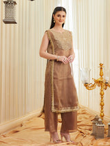 Golden Embroidered Sheer Silk Kurta Set