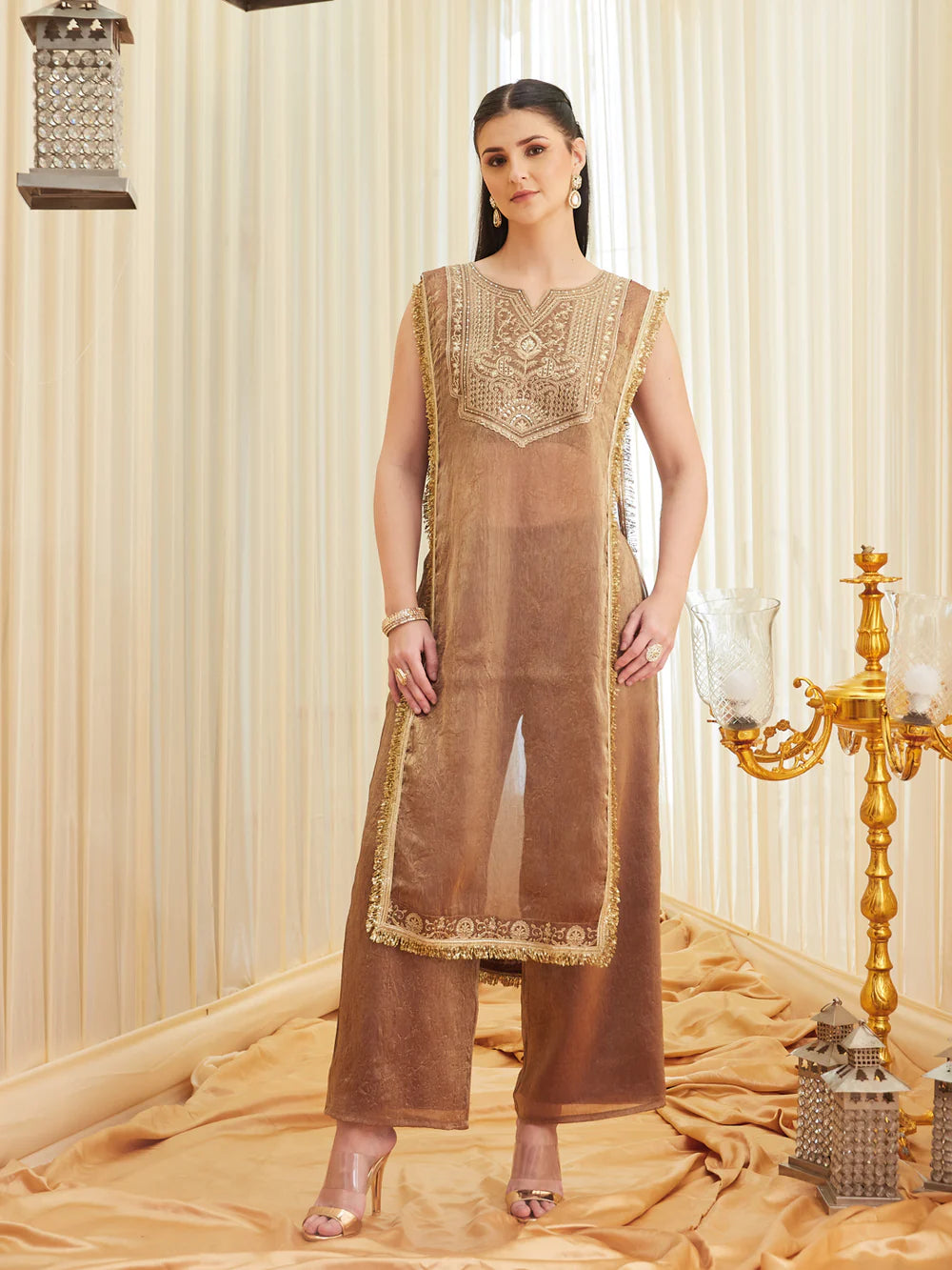 Golden Embroidered Sheer Silk Kurta Set