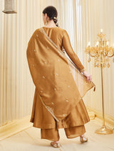 Golden Silk Embroidered Anarkali Suit Set with Dupatta