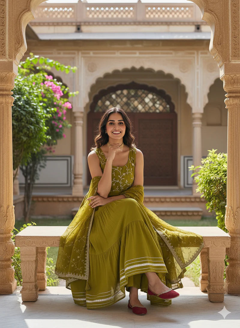 Green Embroidered Tiered Anarkali Kurta with Dupatta Set