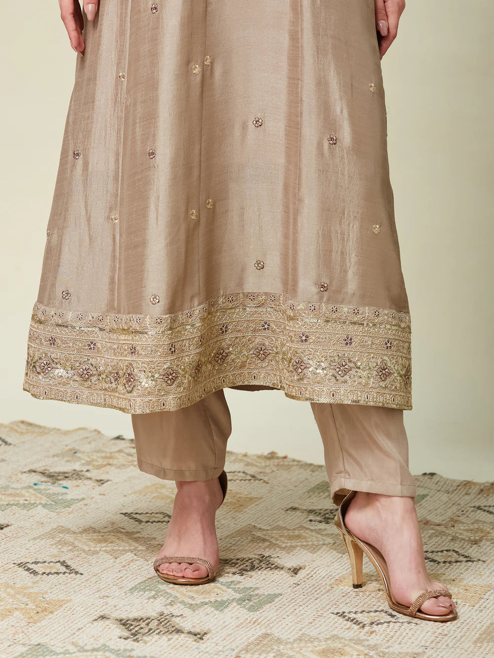 Grey Embroidered Silk Anarkali Kurta With Purple Dupatta Set