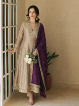 Grey Embroidered Silk Anarkali Kurta With Purple Dupatta Set