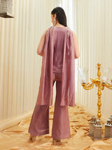 Lavender Silk Embroidered Short Kurta & Flared Pants with Dupatta Set