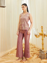 Lavender Silk Embroidered Short Kurta & Flared Pants with Dupatta Set