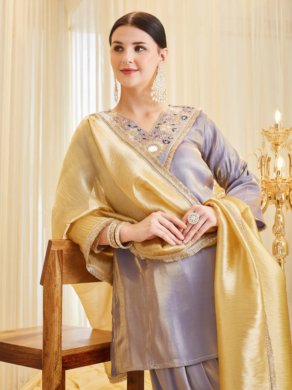 Lavender Silk Embroidered Straight Kurta Palazzo Set with Dupatta For Women