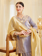 Lavender Silk Embroidered Straight Kurta Palazzo Set with Dupatta For Women