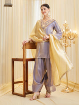 Lavender Silk Embroidered Straight Kurta Palazzo Set with Dupatta For Women