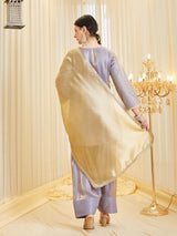 Lavender Silk Embroidered Straight Kurta Palazzo Set with Dupatta For Women