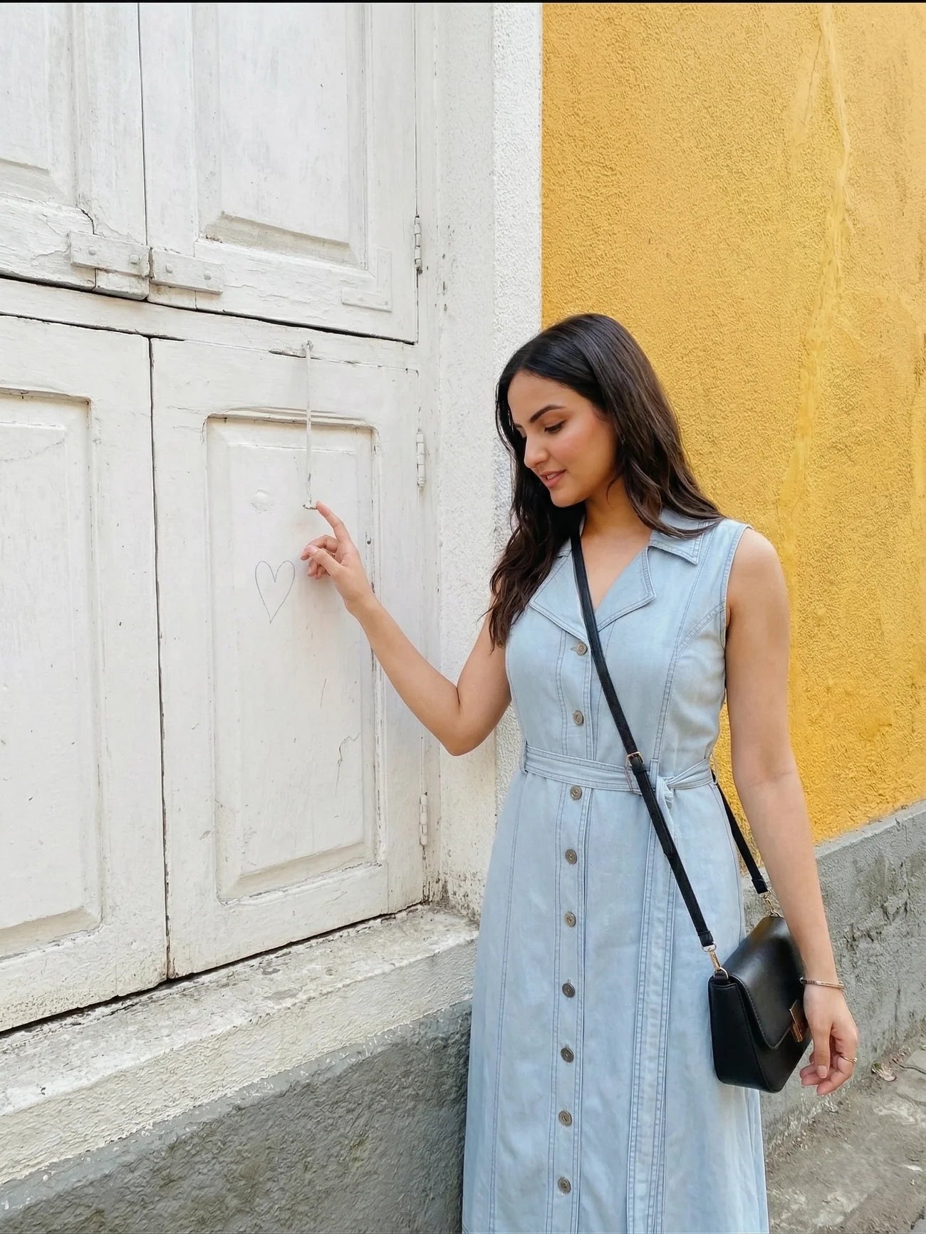 Light Blue Sleeveless Denim Midi Dress with Belt for Women