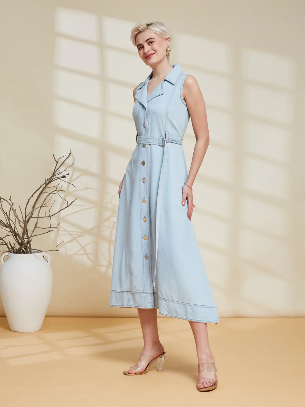 Light Blue Sleeveless Denim Midi Dress with Belt for Women