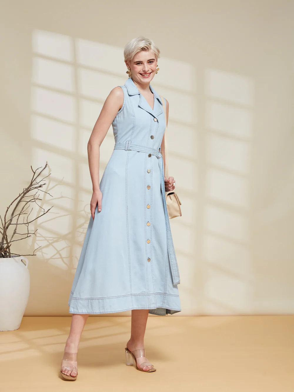 Light Blue Sleeveless Denim Midi Dress with Belt for Women