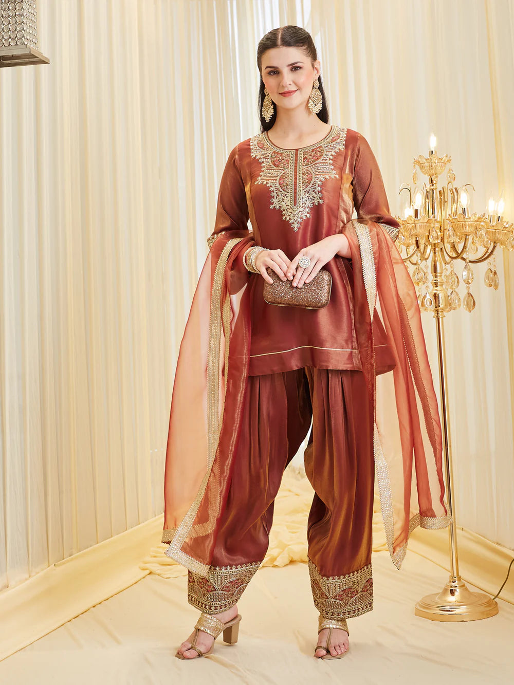 Maroon Silk Embroidered Farshi Palazzo Set With Dupatta For Women