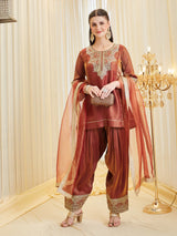 Maroon Silk Embroidered Farshi Palazzo Set With Dupatta For Women