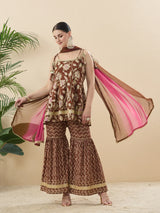 Trendy Coffee Cotton Printed Kurta Palazzo Set With Contrast Dupatta For Women