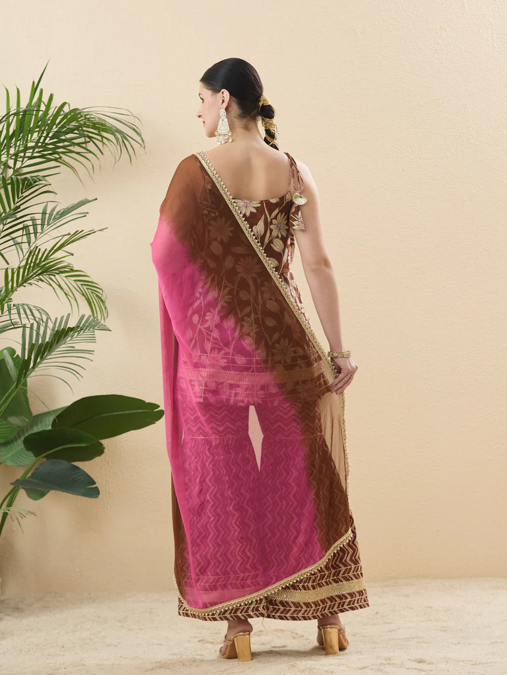 Trendy Coffee Cotton Printed Kurta Palazzo Set With Contrast Dupatta For Women