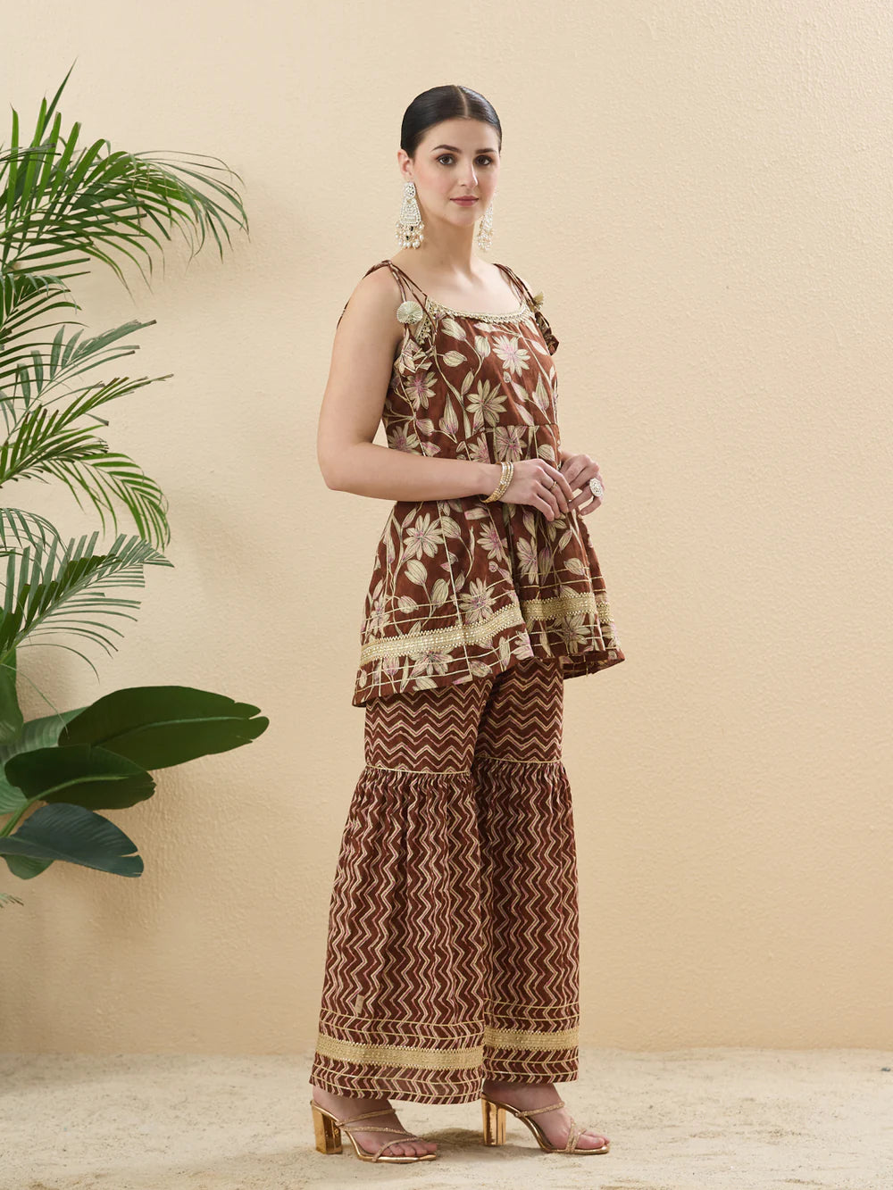 Trendy Coffee Cotton Printed Kurta Palazzo Set With Contrast Dupatta For Women