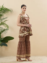 Trendy Coffee Cotton Printed Kurta Palazzo Set With Contrast Dupatta For Women