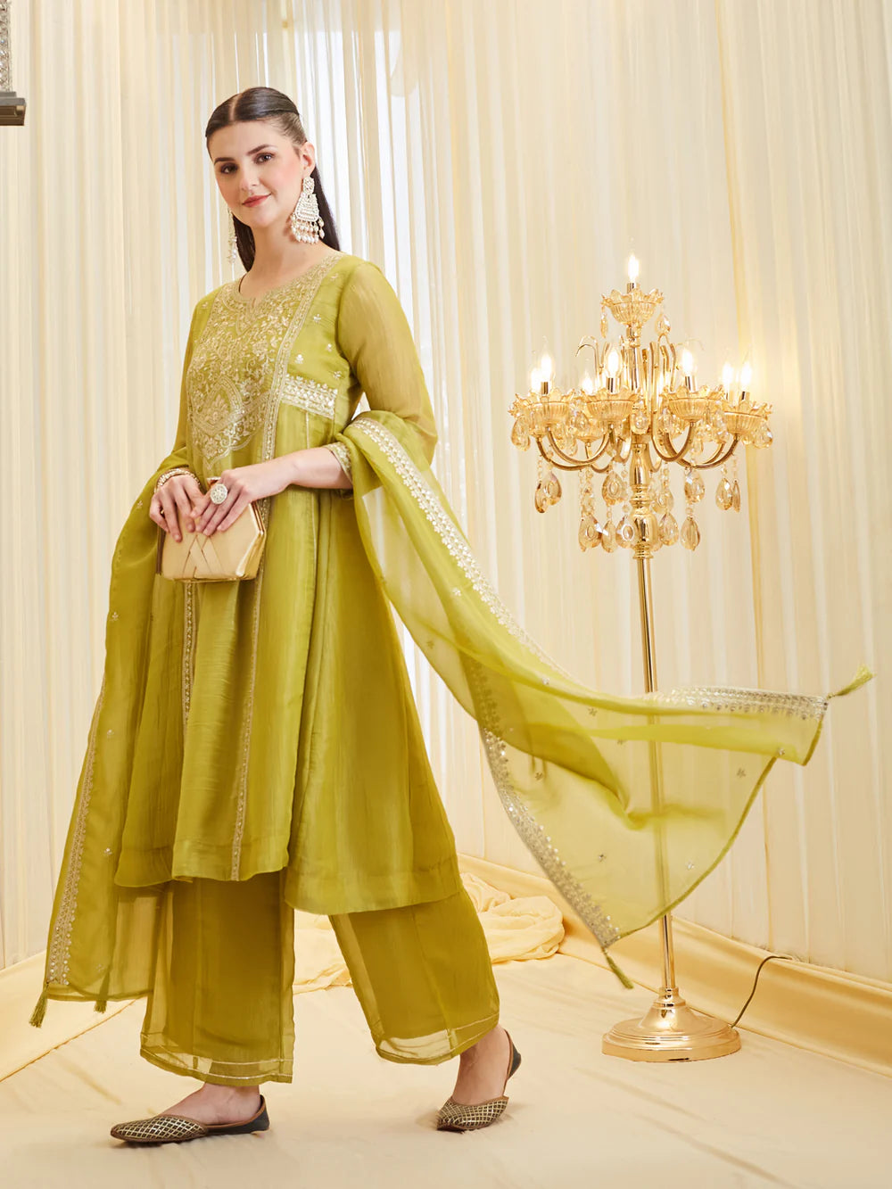 Neon Silk Zari Embroidered Anarkali Palazzo With Dupatta Set For Women