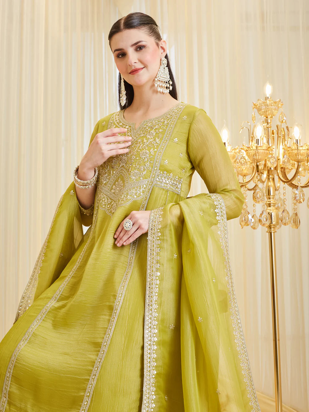 Neon Silk Zari Embroidered Anarkali Palazzo With Dupatta Set For Women