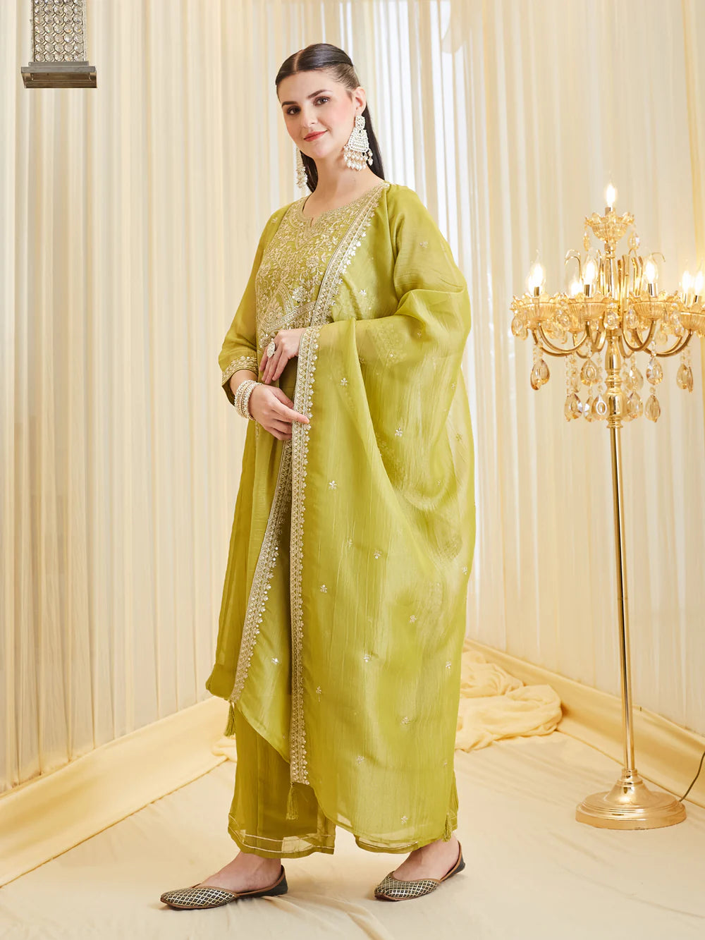 Neon Silk Zari Embroidered Anarkali Palazzo With Dupatta Set For Women
