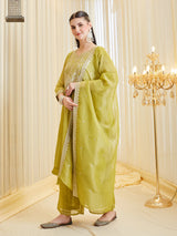 Neon Silk Zari Embroidered Anarkali Palazzo With Dupatta Set For Women