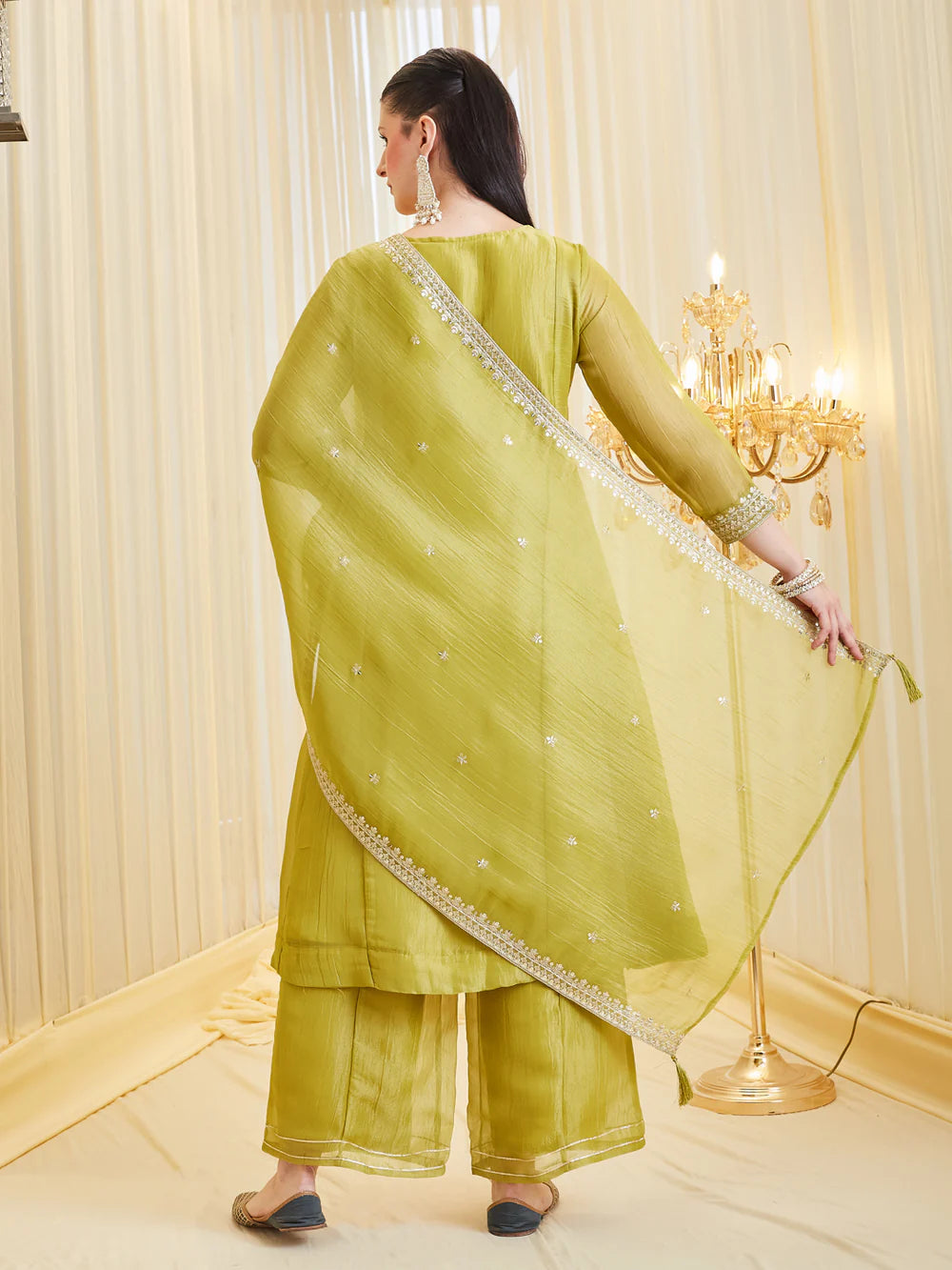 Neon Silk Zari Embroidered Anarkali Palazzo With Dupatta Set For Women