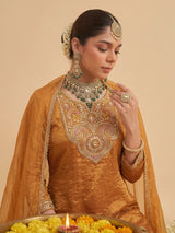 Orange Silk Embroidered Anarkali Style Kurta Set With Dupatta For Women