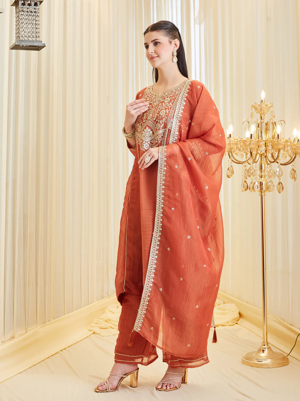 Orange Silk Zari Embroidered Anarkali Palazzo With Dupatta Set For Women