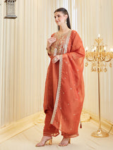 Orange Silk Zari Embroidered Anarkali Palazzo With Dupatta Set For Women