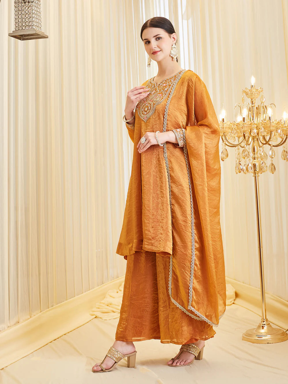 Orange Silk Embroidered Anarkali Style Kurta Set With Dupatta For Women
